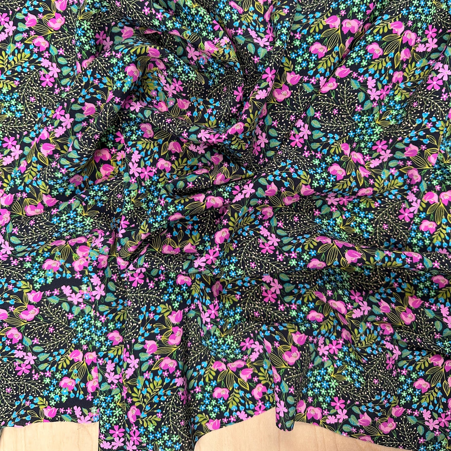 Ditsy Floral - Black & Pink Silk Georgette - Italian Deadstock