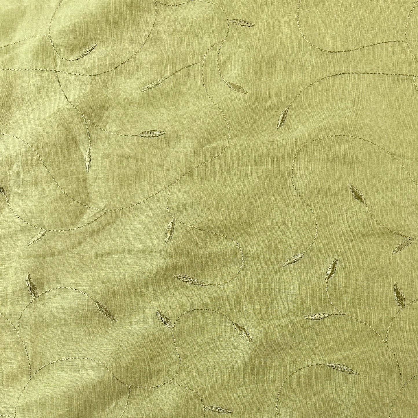 21" Remnant - Pastel Green Embroidered Leaves - Cotton /Linen Fabric - Film Studio Deadstock