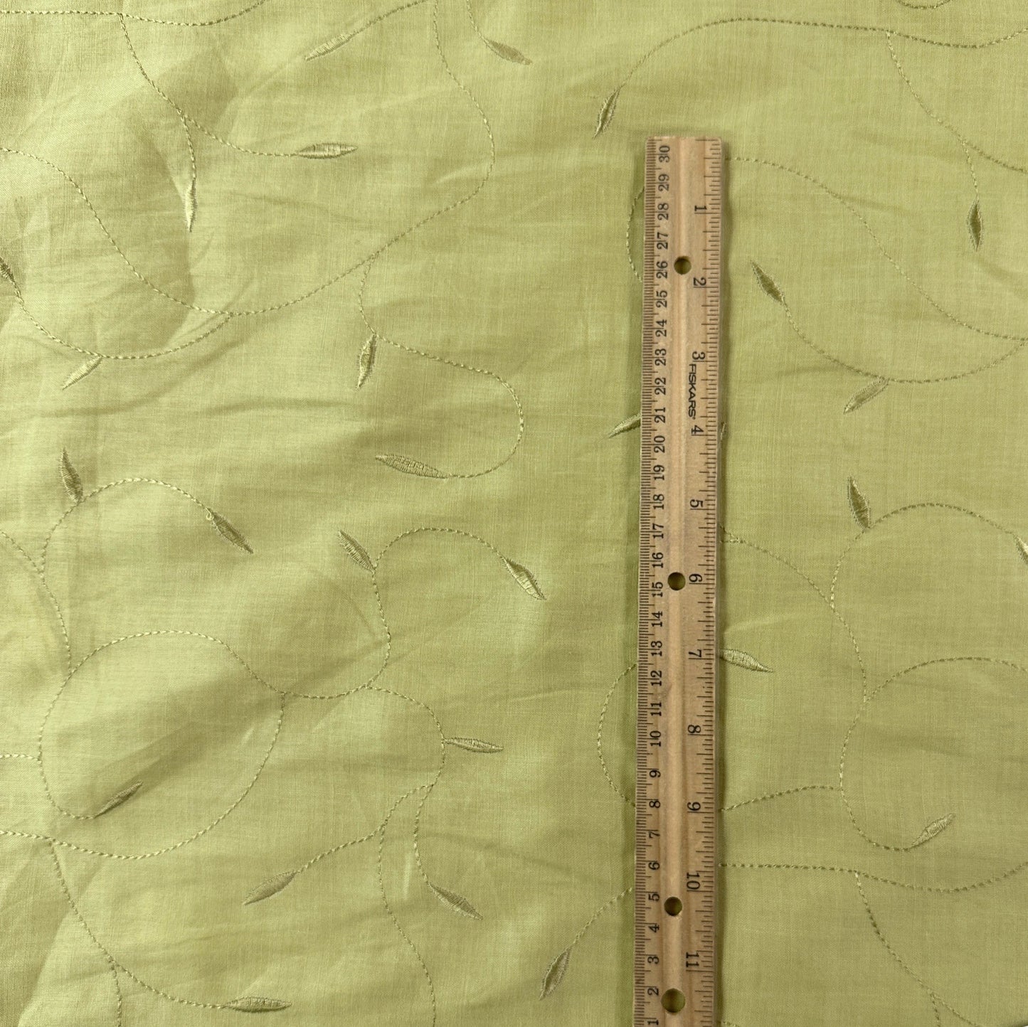 21" Remnant - Pastel Green Embroidered Leaves - Cotton /Linen Fabric - Film Studio Deadstock