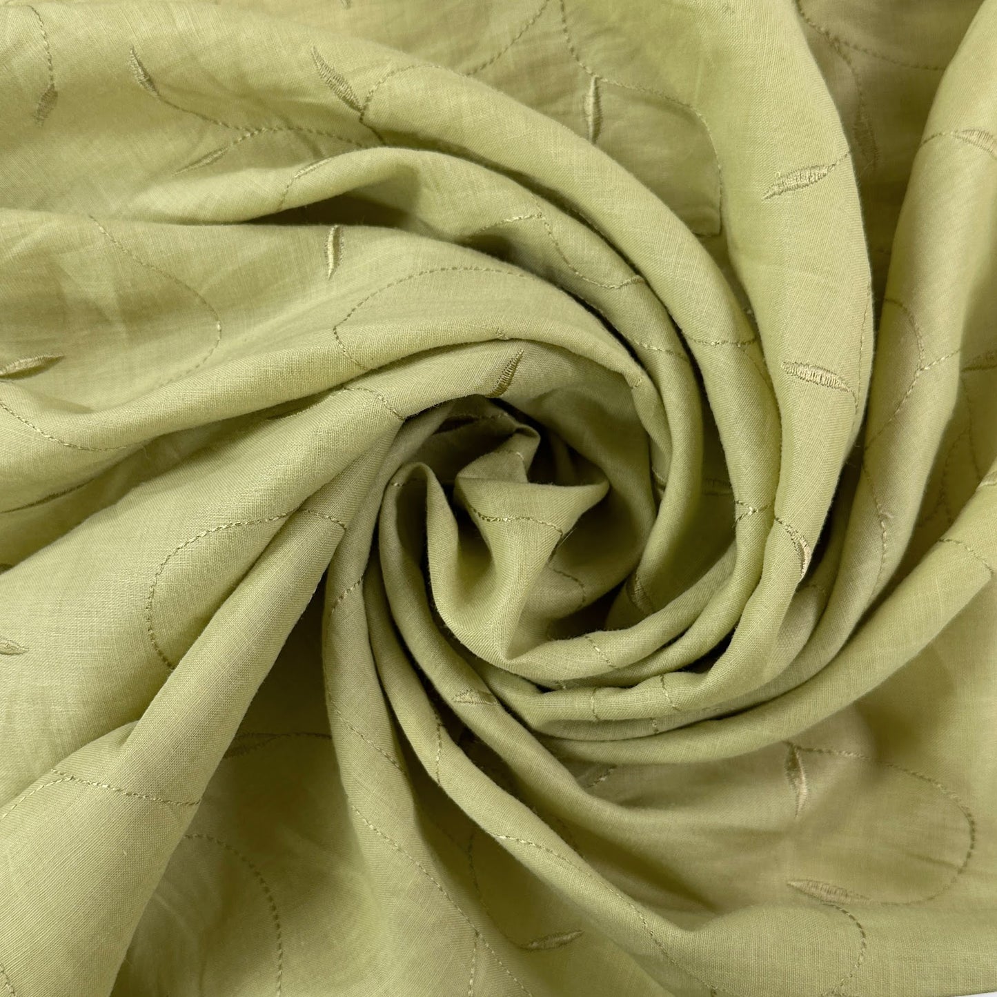 21" Remnant - Pastel Green Embroidered Leaves - Cotton /Linen Fabric - Film Studio Deadstock