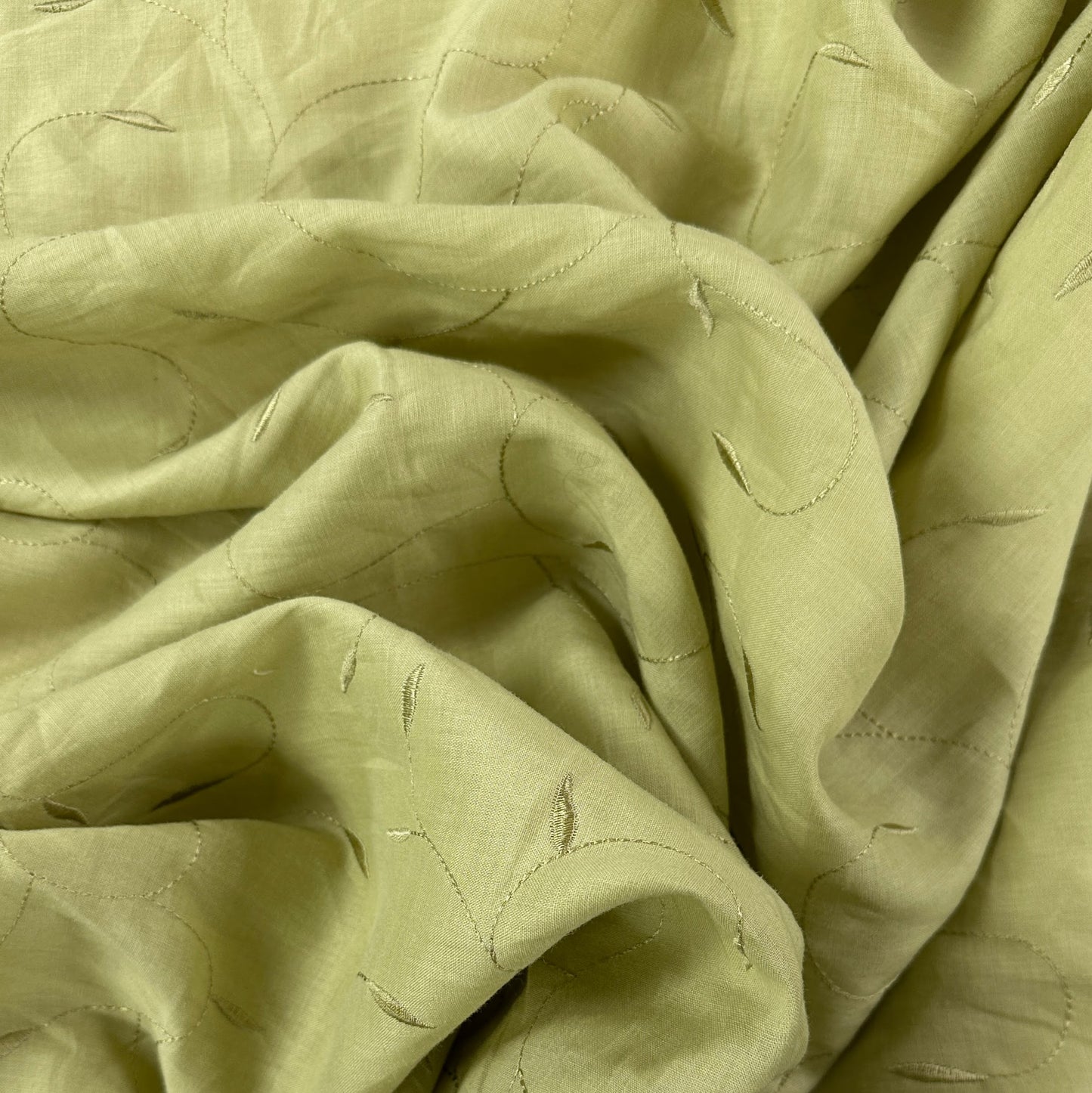 21" Remnant - Pastel Green Embroidered Leaves - Cotton /Linen Fabric - Film Studio Deadstock