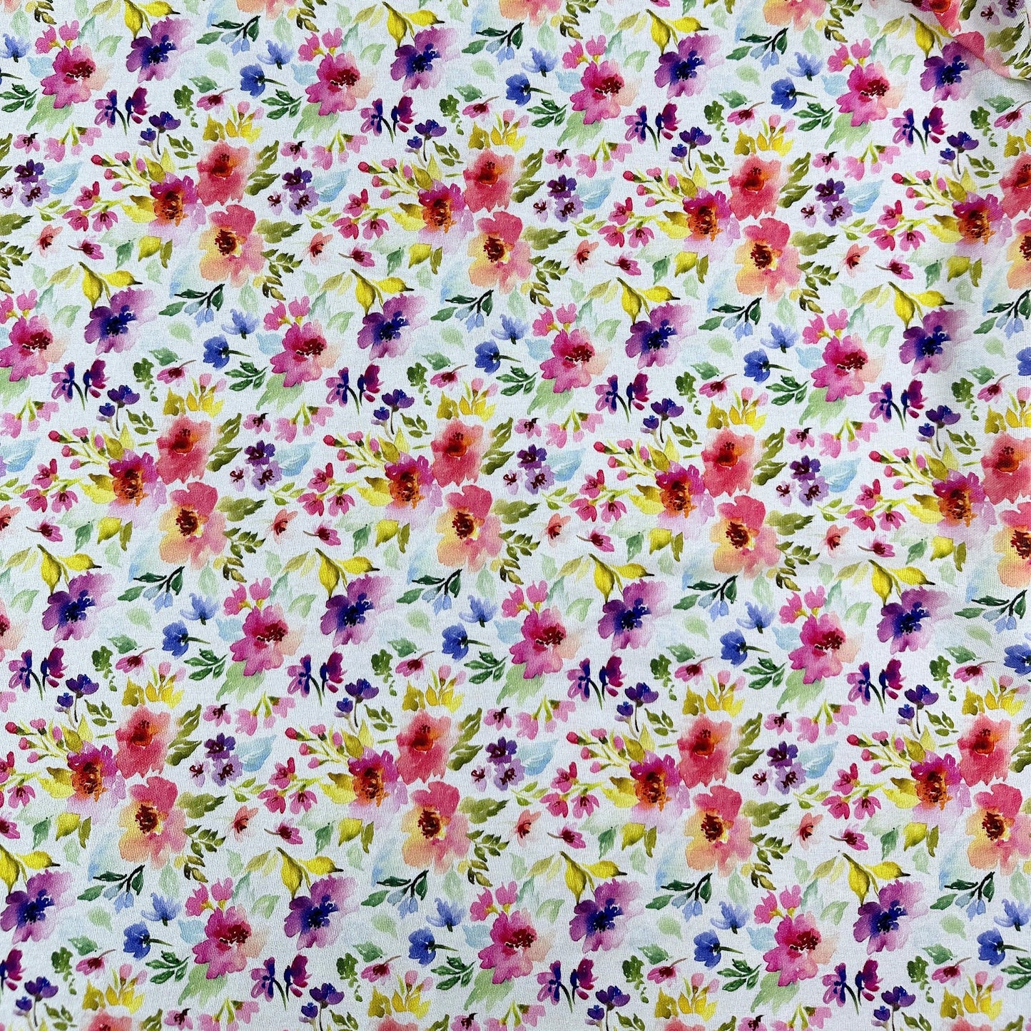 Watercolour Florals - White, Pink & Green - Linen Blend Slub