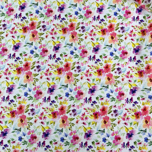 Watercolour Florals - White, Pink & Green -  Linen Blend Slub