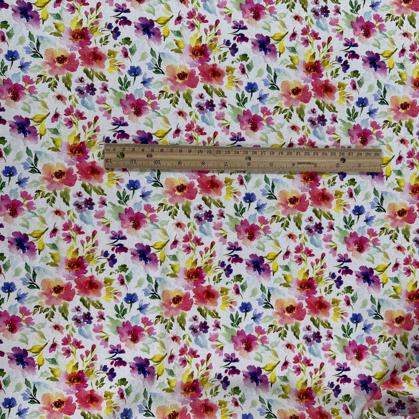 Watercolour Florals - White, Pink & Green - Linen Blend Slub