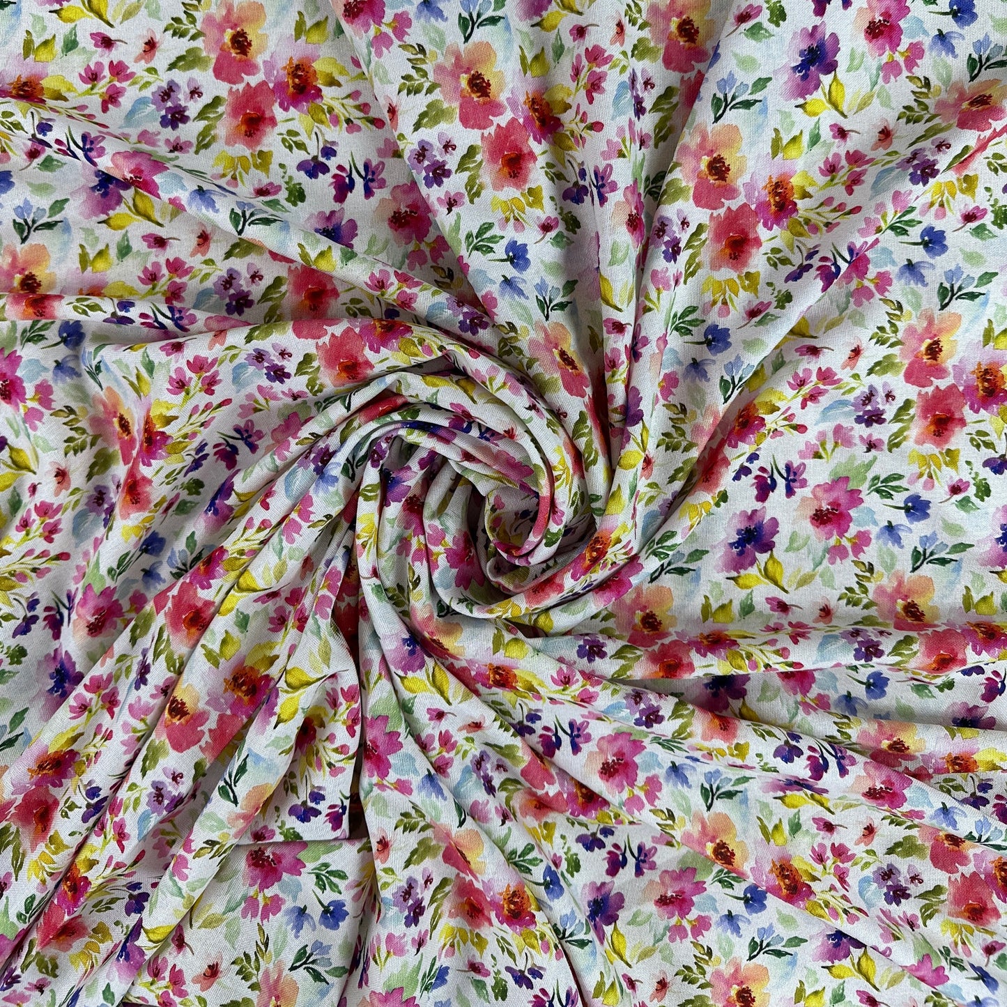Watercolour Florals - White, Pink & Green - Linen Blend Slub