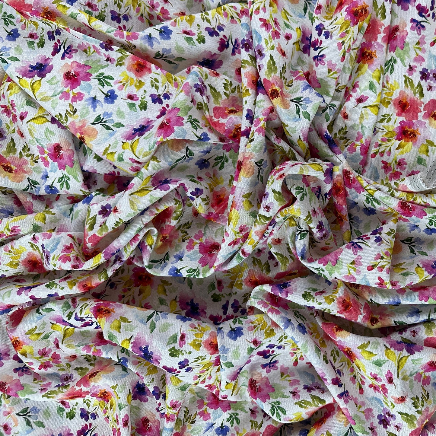 Watercolour Florals - White, Pink & Green - Linen Blend Slub