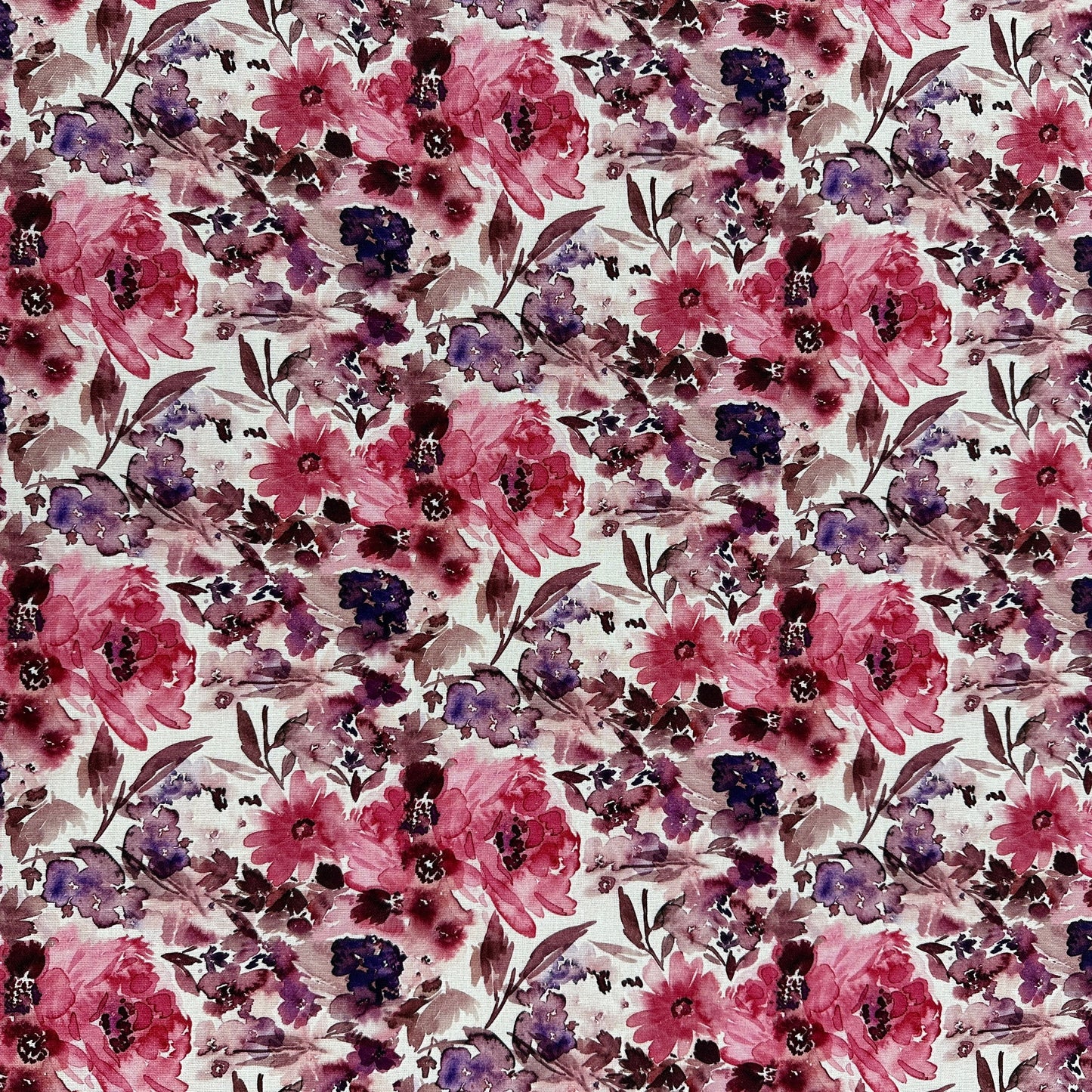 Watercolour Florals - White, Pink & Purple - Linen Blend Slub