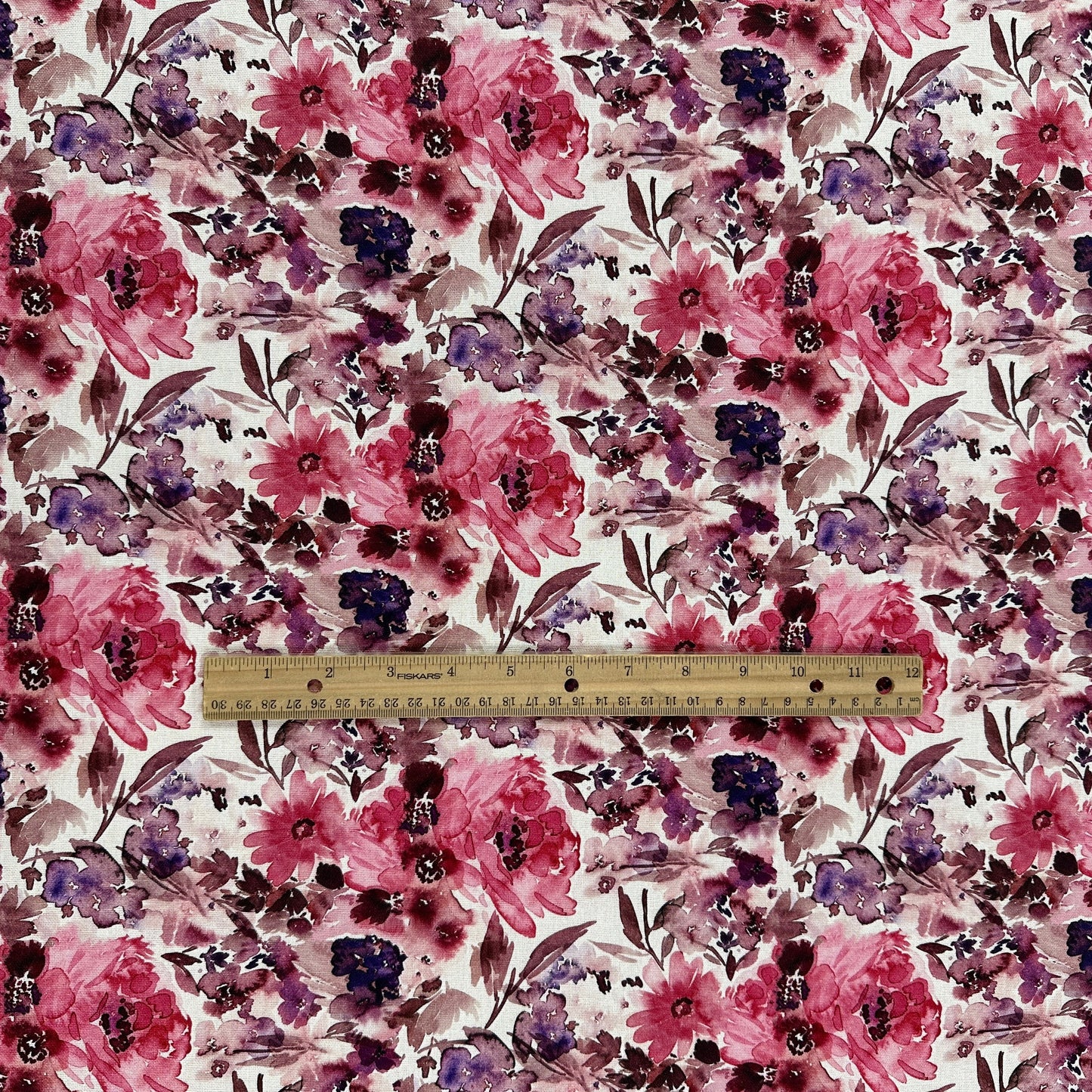 Watercolour Florals - White, Pink & Purple - Linen Blend Slub