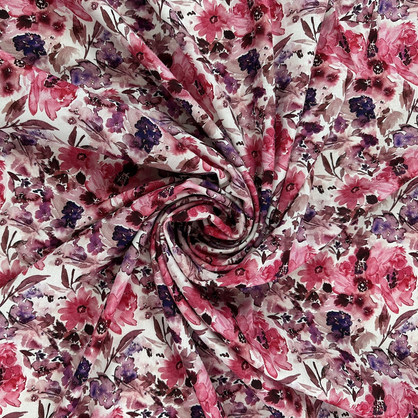 Watercolour Florals - White, Pink & Purple - Linen Blend Slub