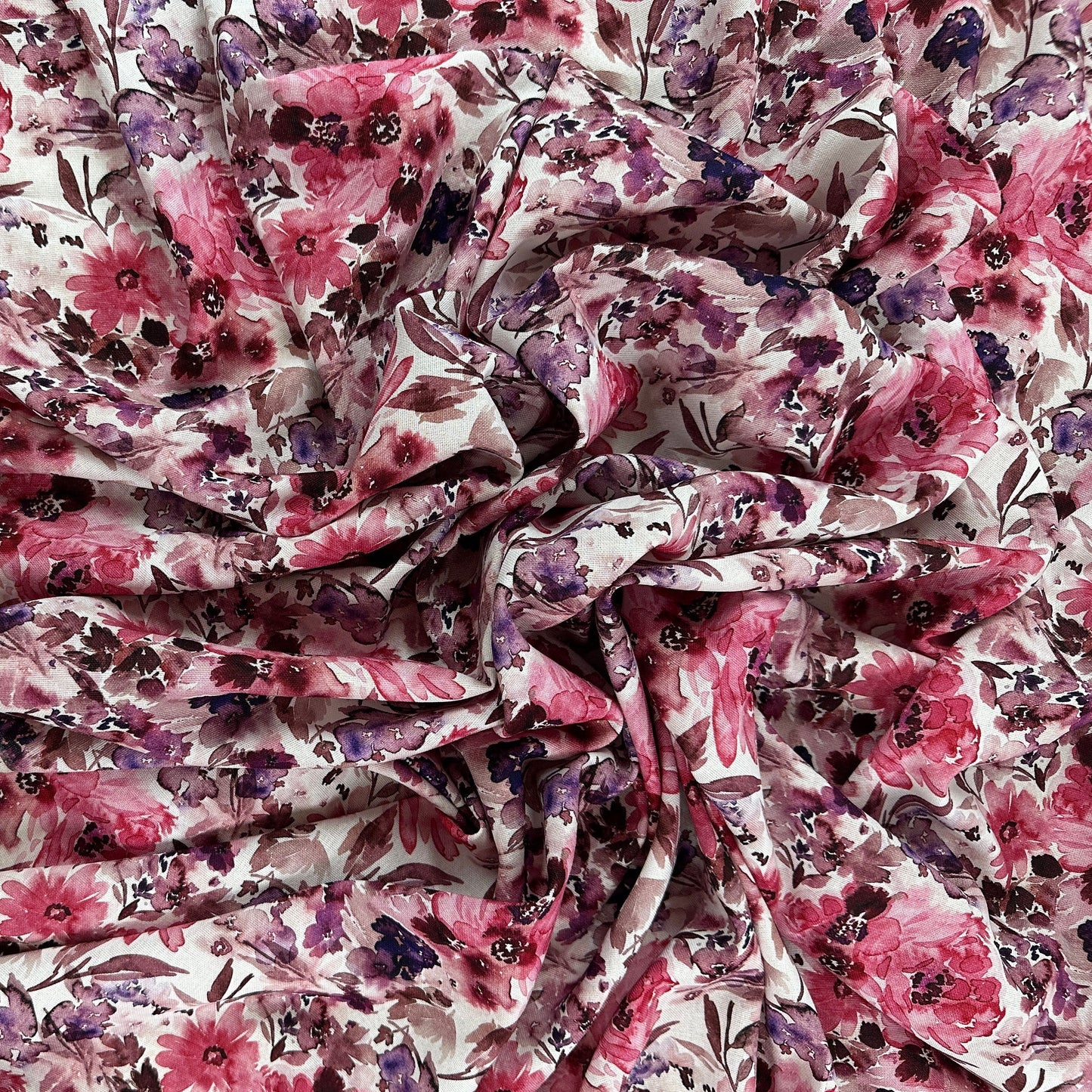 Watercolour Florals - White, Pink & Purple - Linen Blend Slub