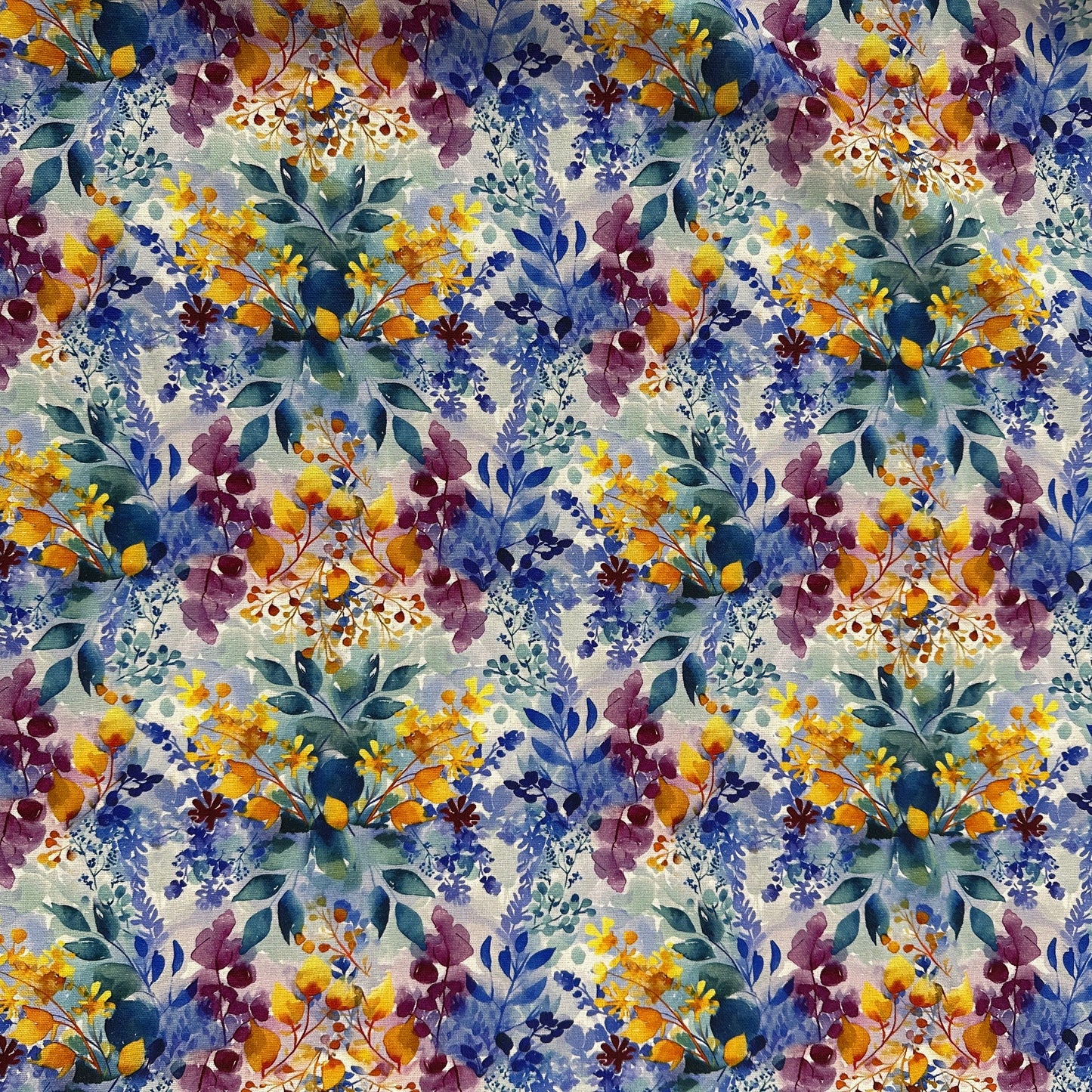 Watercolour Florals - Blue & Yellow - Linen Blend Slub