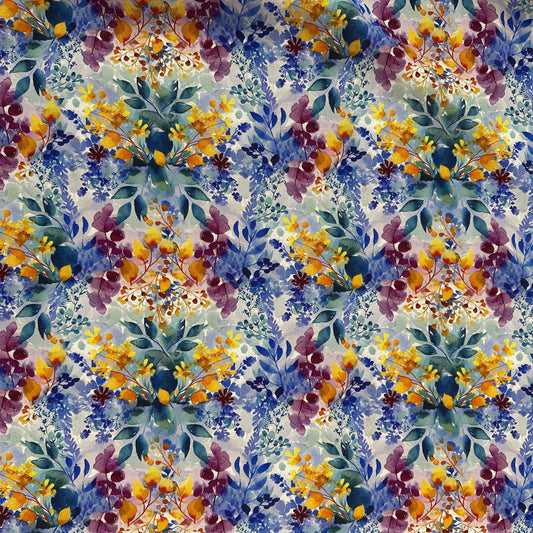 Watercolour Florals - Blue & Yellow -  Linen Blend Slub
