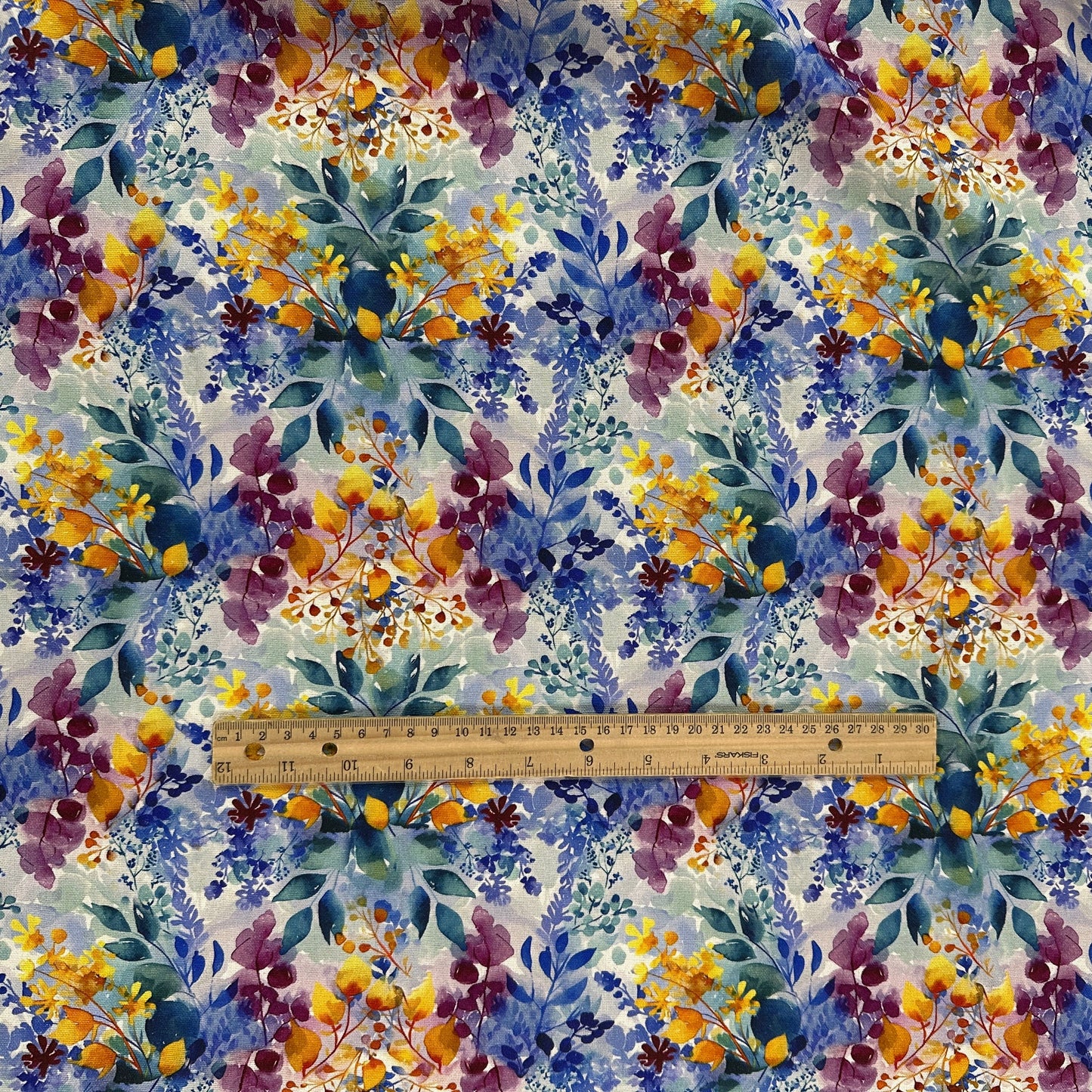Watercolour Florals - Blue & Yellow - Linen Blend Slub