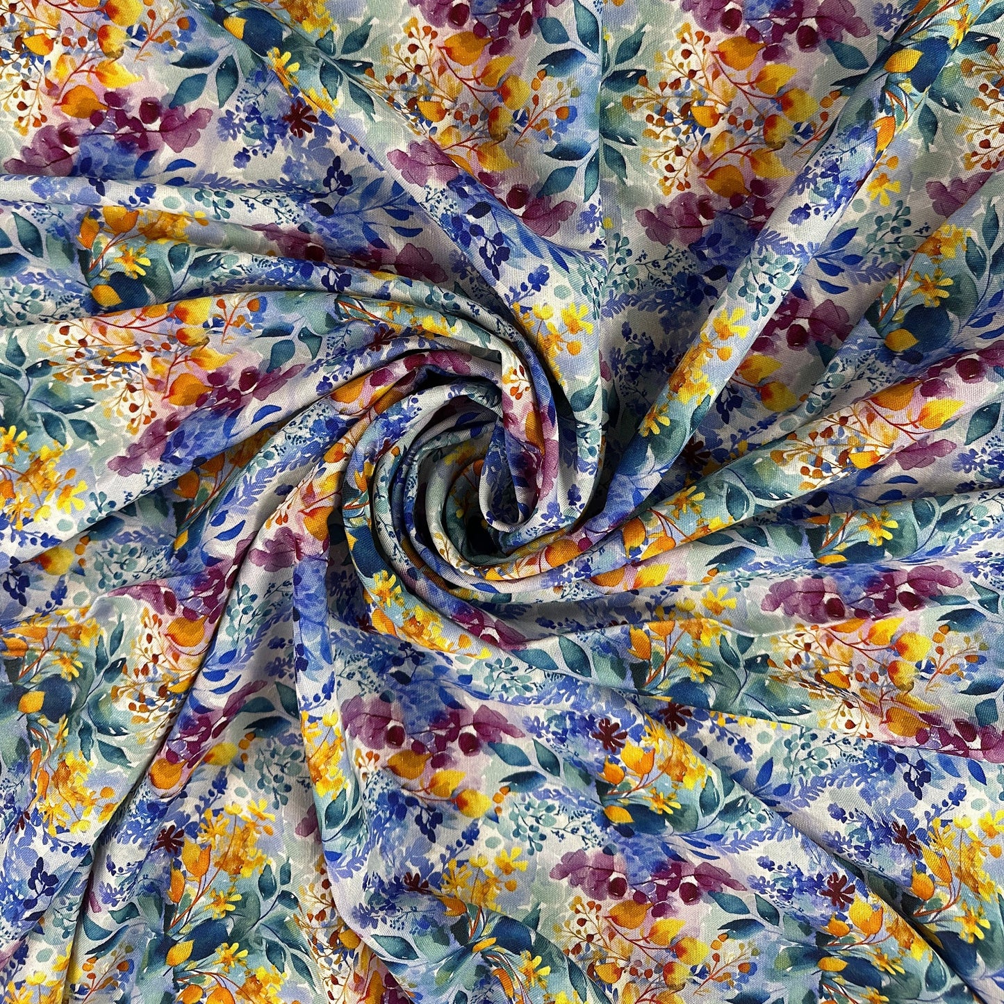 Watercolour Florals - Blue & Yellow - Linen Blend Slub