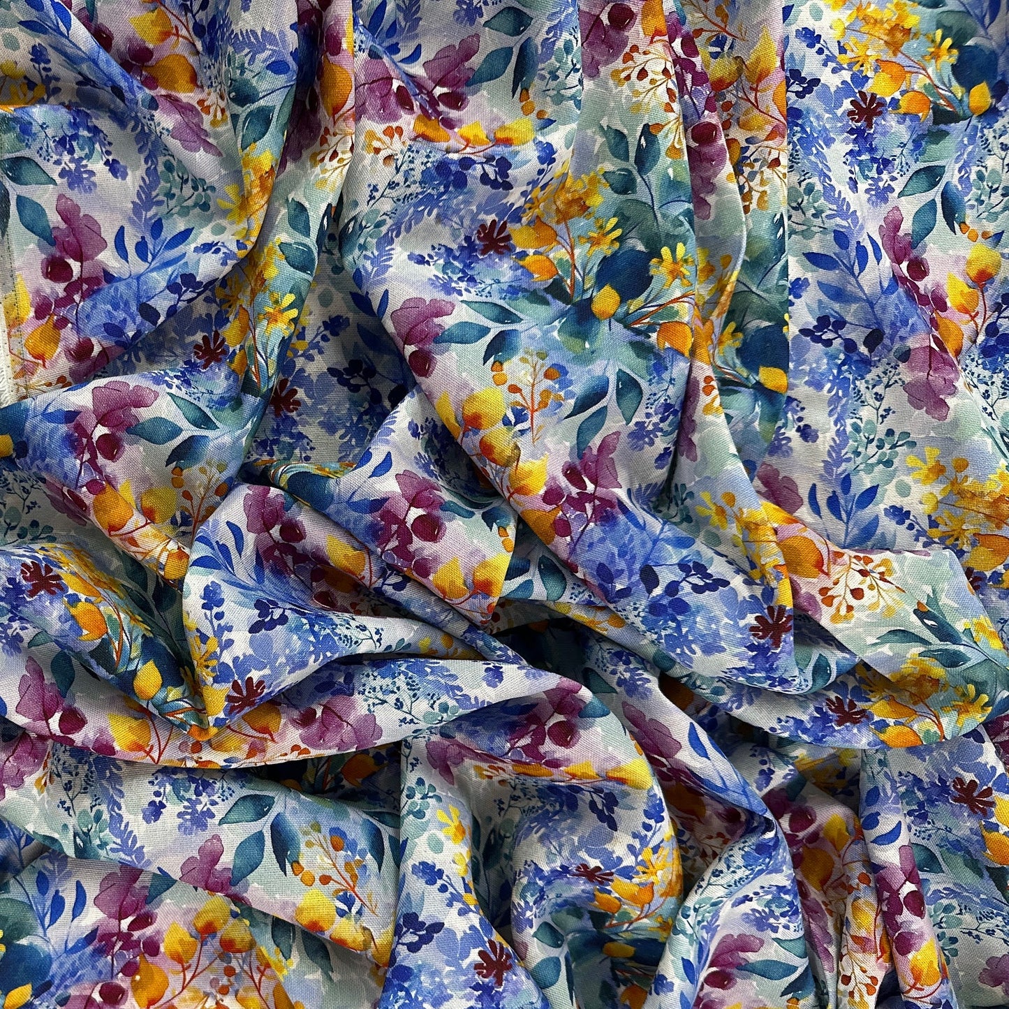 Watercolour Florals - Blue & Yellow - Linen Blend Slub