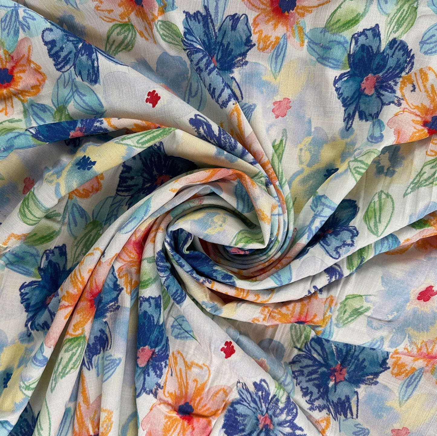 White & Blue Floral - Viscose Rayon Stretch Slub