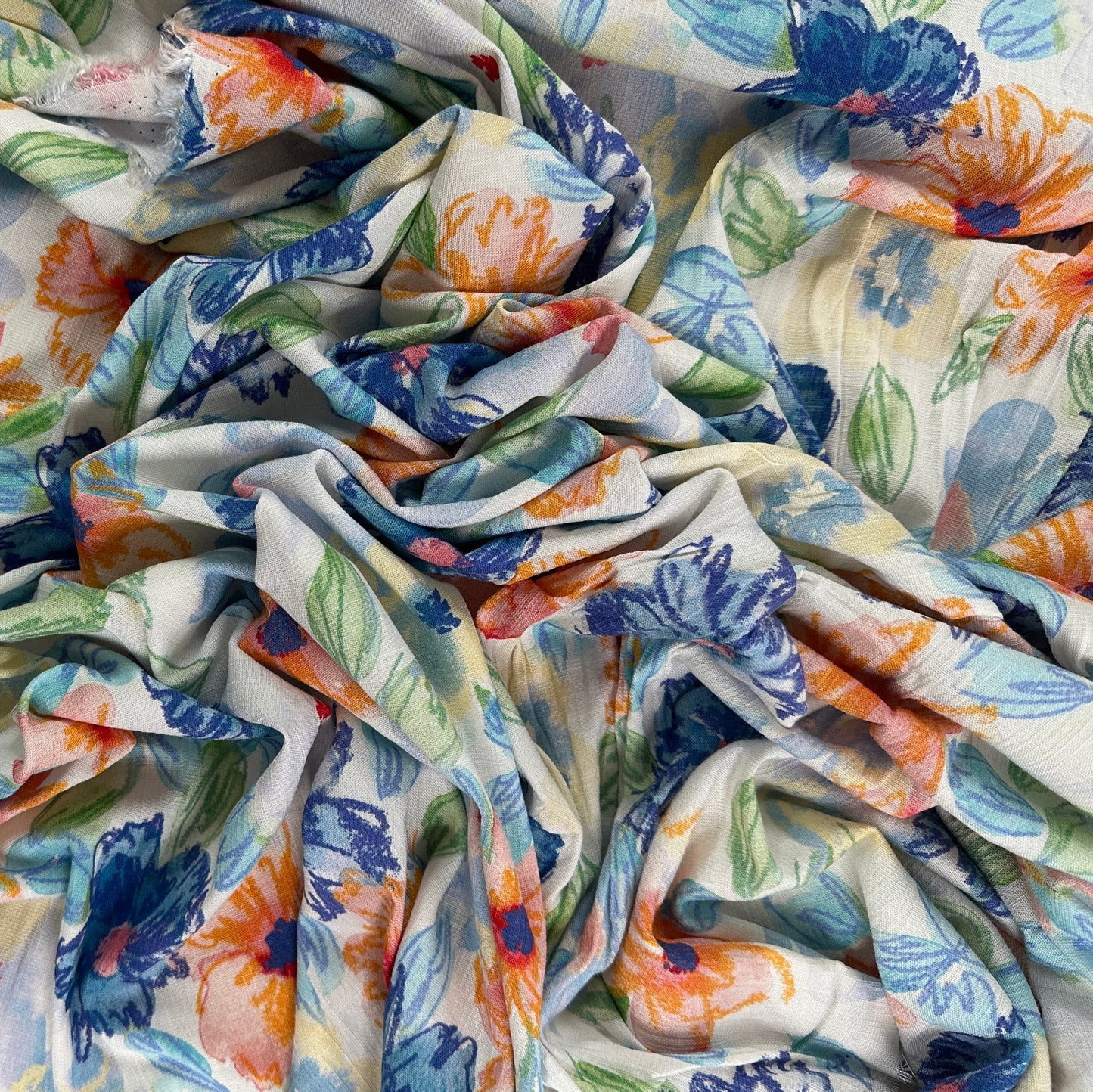White & Blue Floral - Viscose Rayon Stretch Slub