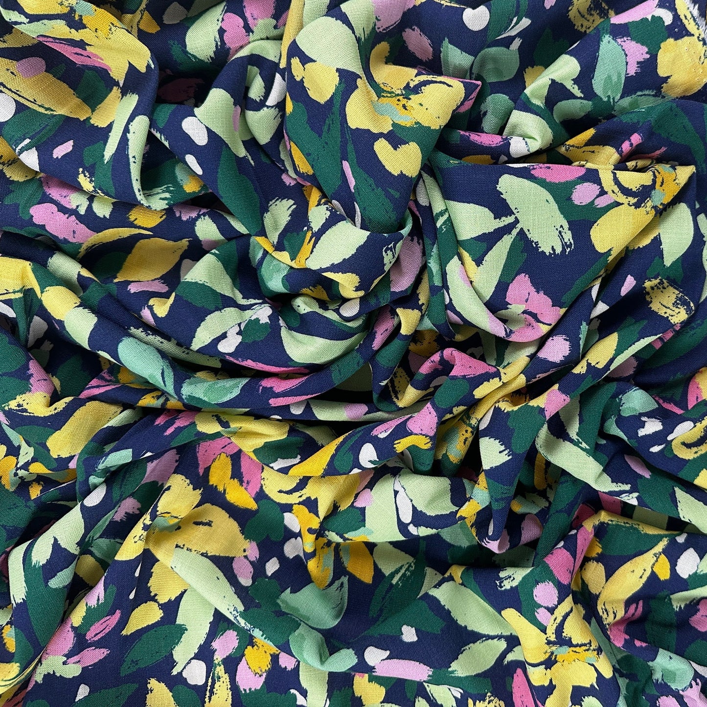 Navy & Yellow Abstract Floral - Viscose Rayon Stretch Slub