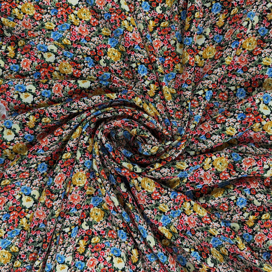 Yellow & Black Floral  - Viscose Rayon Crepon