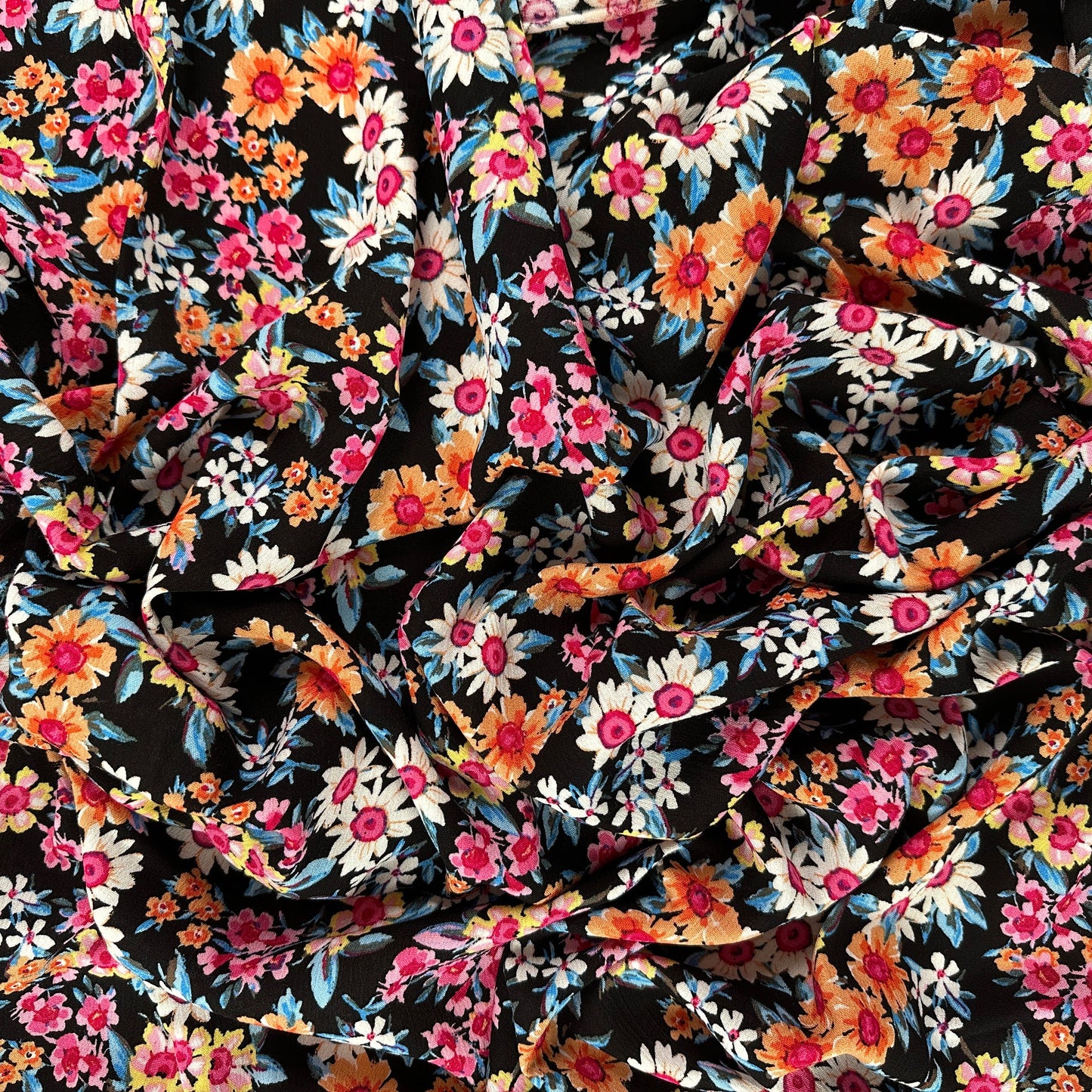 Black & Coral Floral - Viscose Rayon Crepon