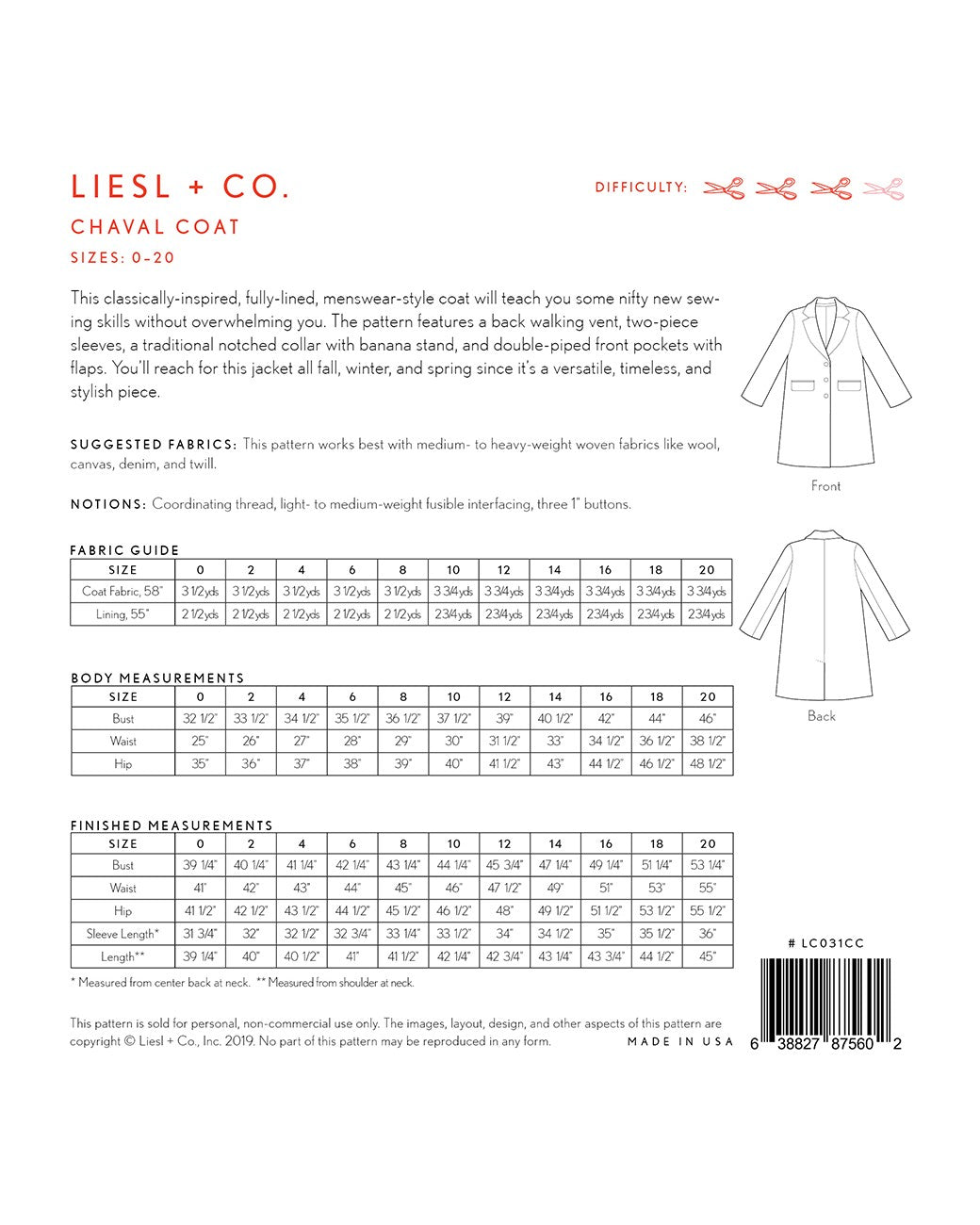 Liesl + Co - Chaval Coat Sewing Pattern