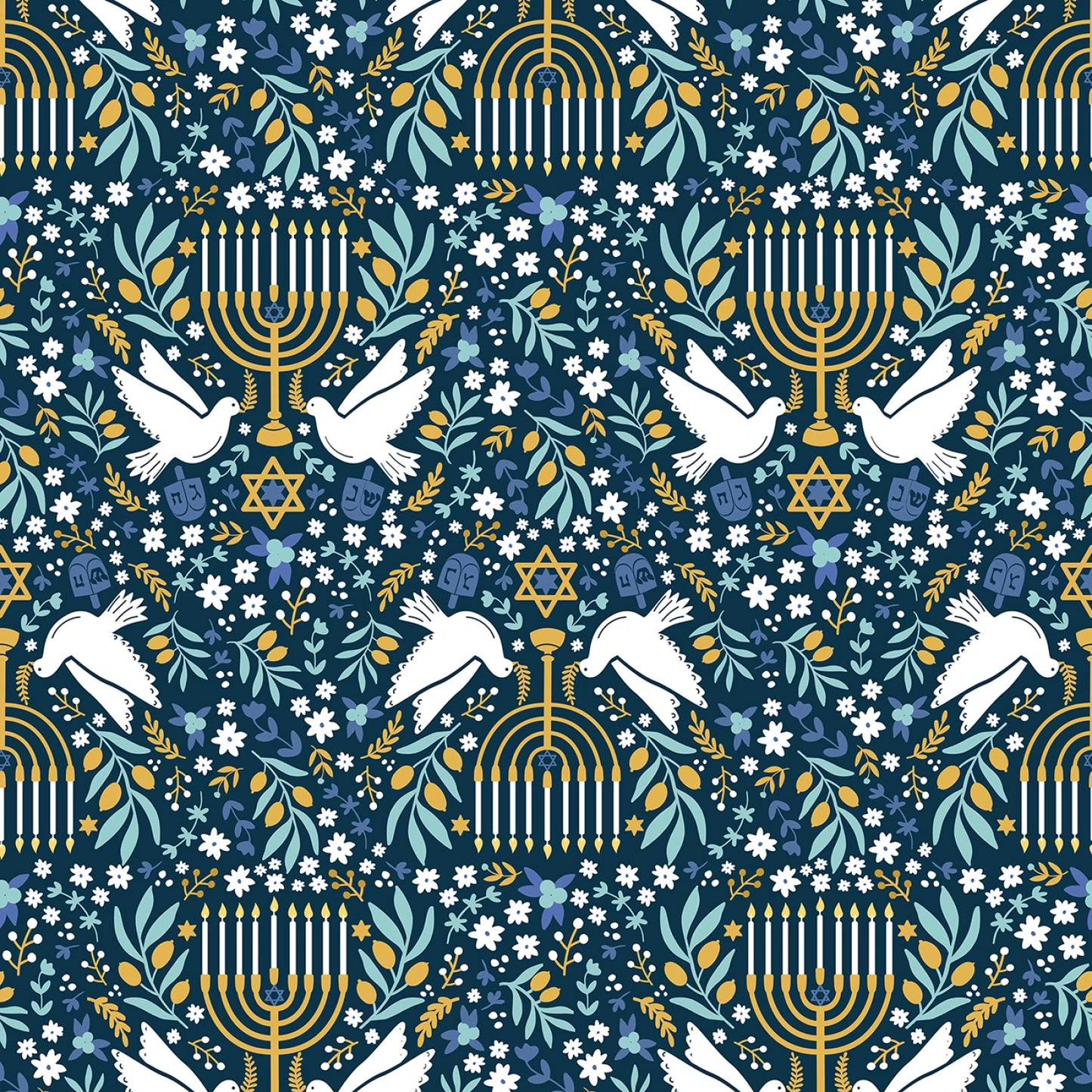 Navy Blue - Happy Hanukkah Digital Menorahs - Quilting Cotton
