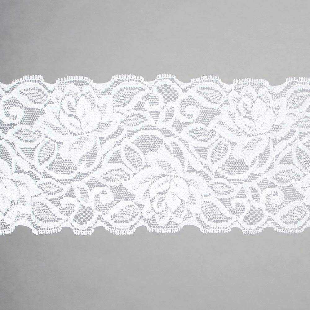 Rose Design Stretch Lace - Nylon / Spandex - White - 9cm x 4.5m