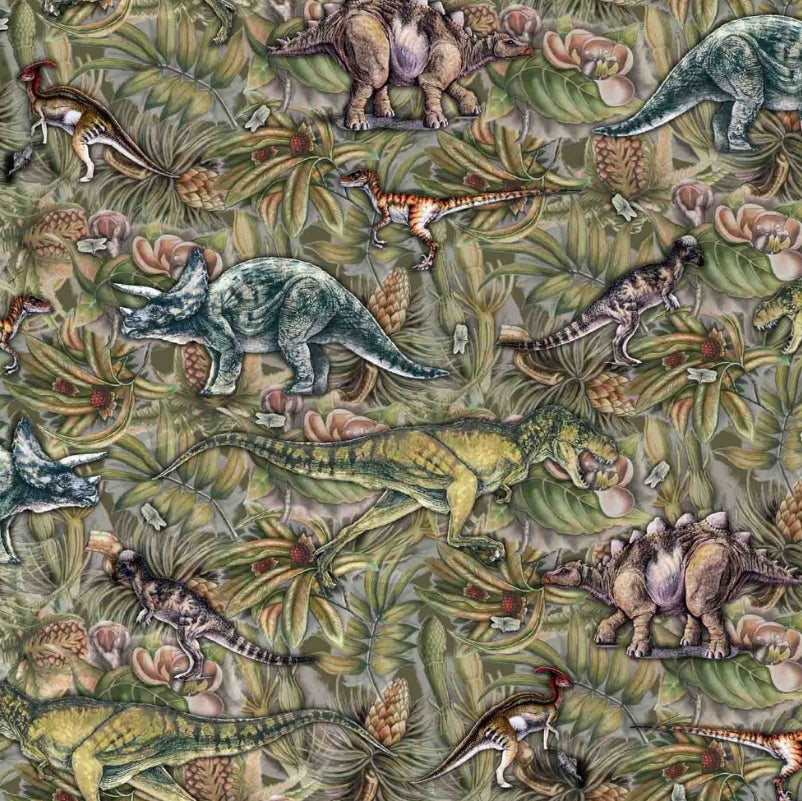 Dinosaur World - Dark Green - Digital Print - GOTS Certified Organic Cotton Euro Jersey Knit
