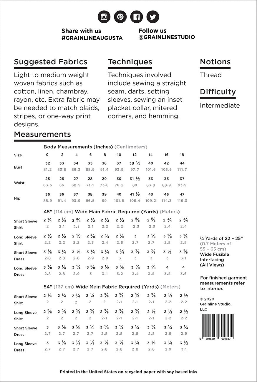 Augusta Shirt and Dress Shirt Pattern - Grainline Studio - Sizes 0 - 14