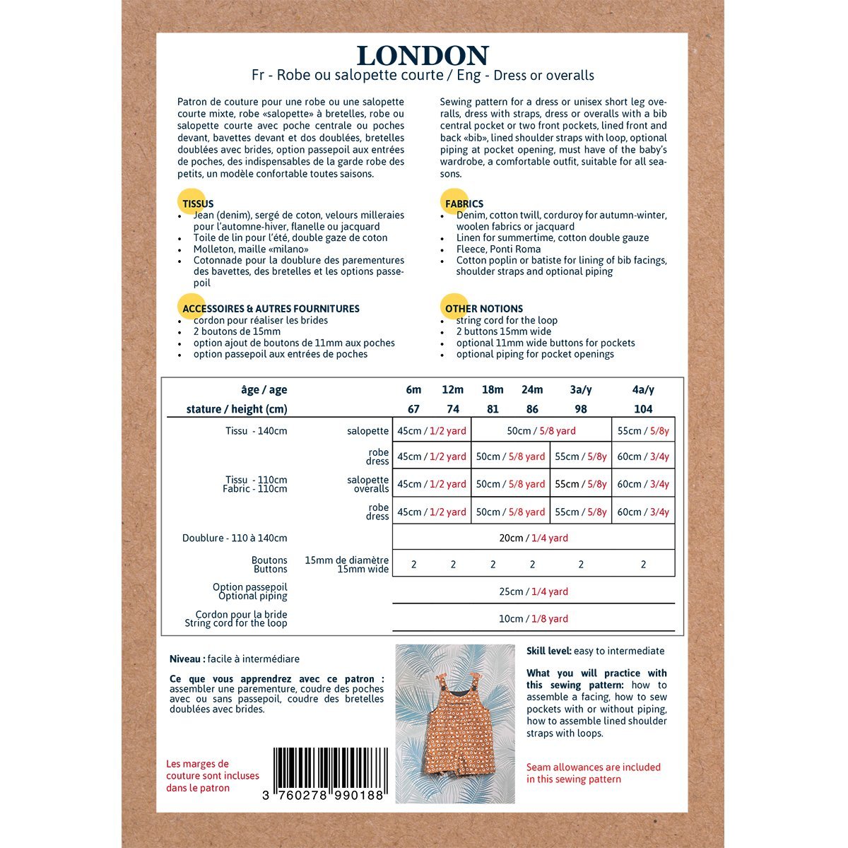 Ikatee - LONDON Short Overalls & Dress - Babies 6 months-4Y - Paper Sewing Pattern