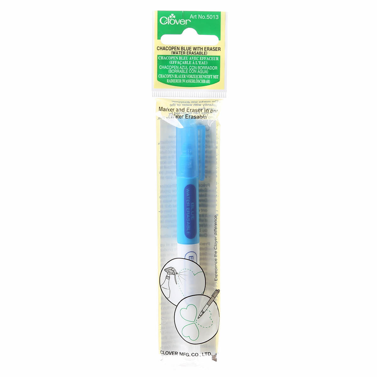 CLOVER 5013 - Chacopen Blue Water Soluble Dual Tip Marker With Eraser - Blue