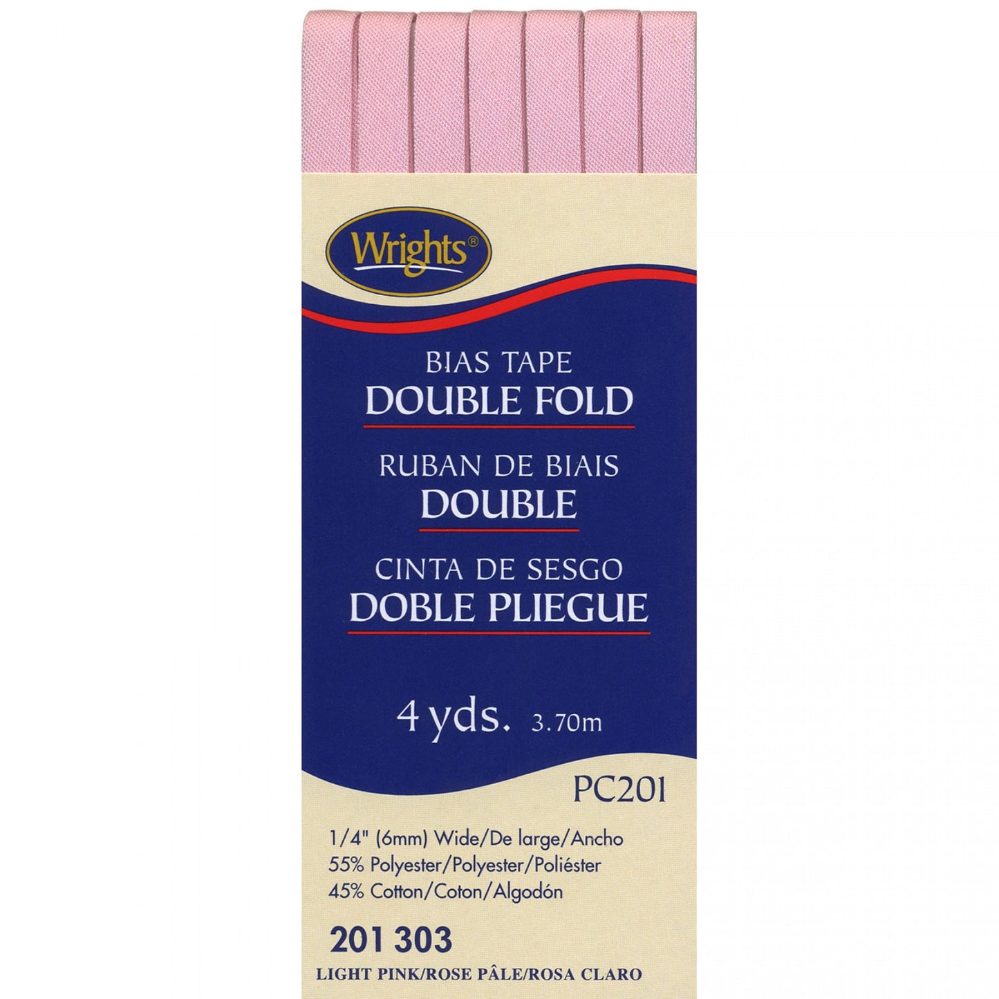 Wrights Bias Tape Double Fold 6mm x 3.7M Light Pink 303, 1/4"