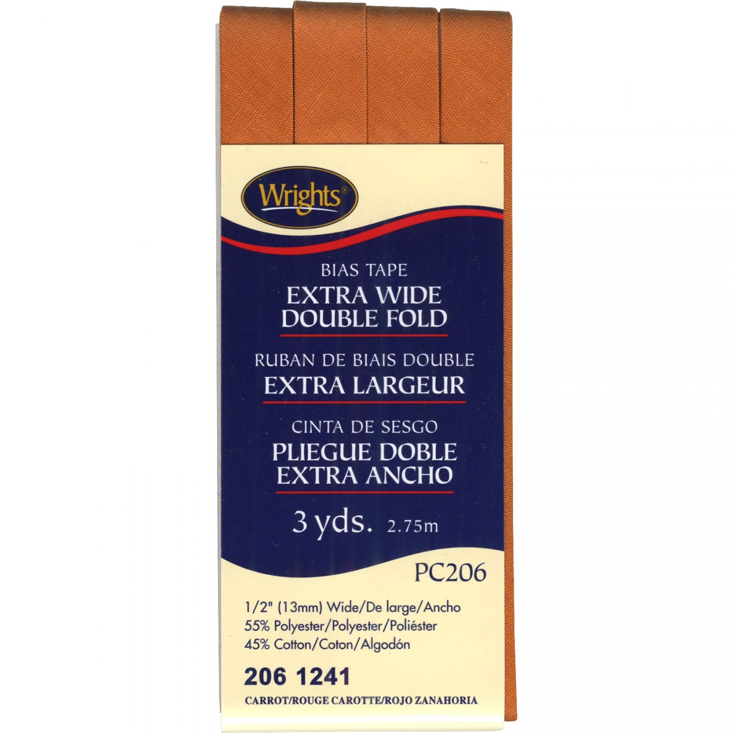 Wrights Bias Tape Extra Wide Double Fold 13mm x 2.75M Carrot Orange, 1/2" #241