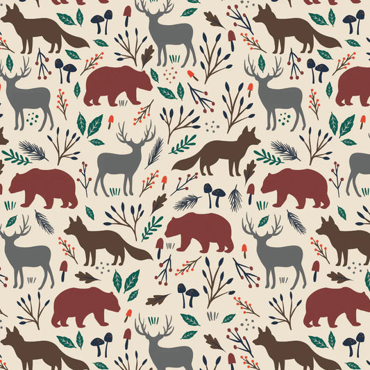Woodland Wildlife - Cream - Cotton FLANNEL Fabric