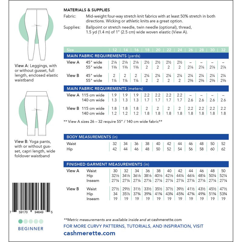 Belmont Leggings & Yoga Pants - Size 12 -32 - By Cashmerette – Riverside  Fabrics