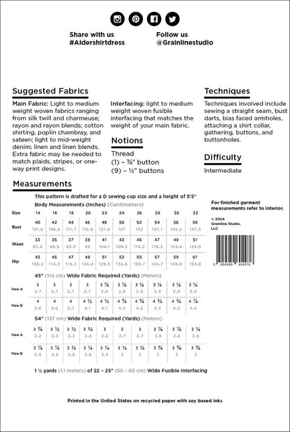 Alder Shirtdress Pattern - Grainline Studio 14 - 32