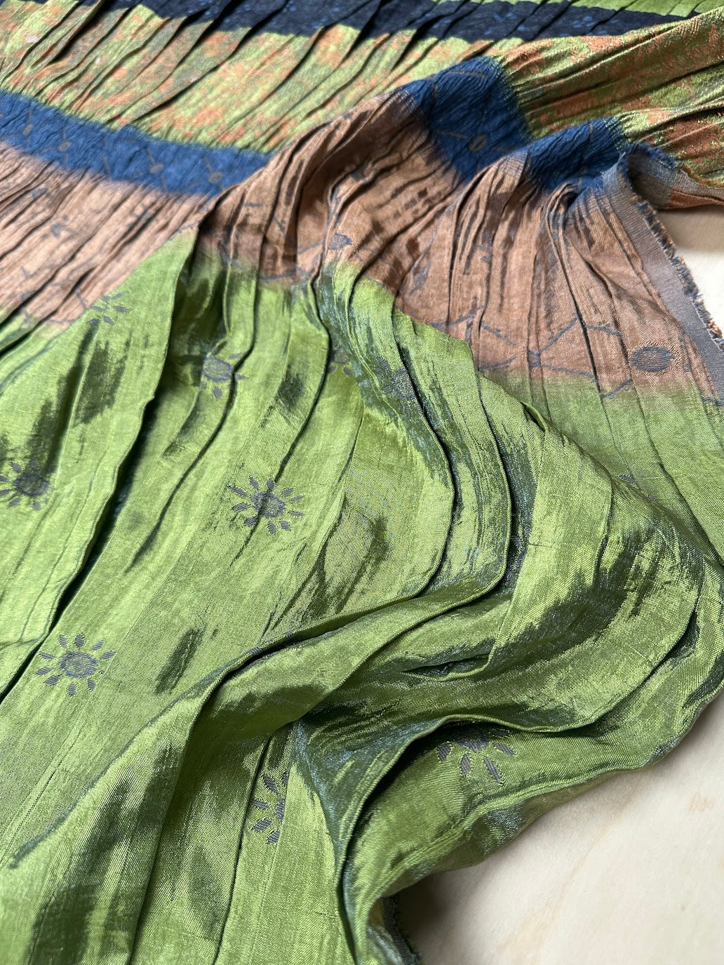 Preshirred Iridescent Pleated Woven Deadstock Lurex and Poly Gree