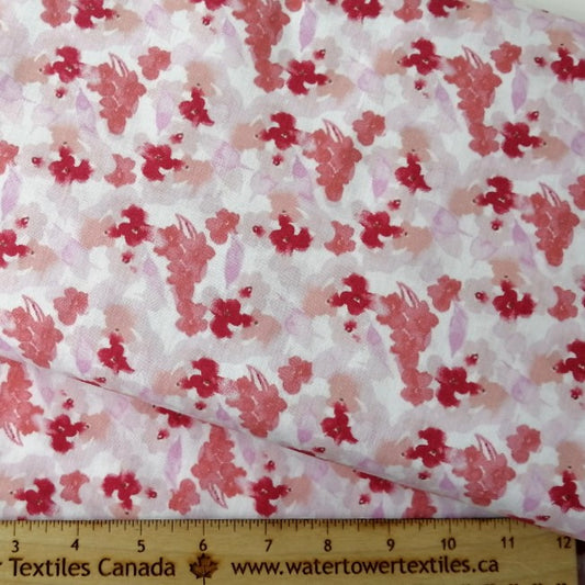 Woven Cotton Fabric - Coral on Blush - Watercolour Blossoms