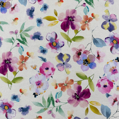 Watercolour Florals - Purple, Blue & Ivory -  Linen Blend Slub