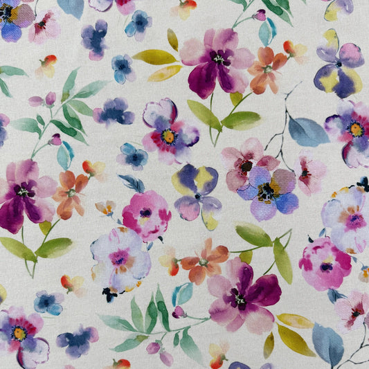 Watercolour Florals - Purple, Blue & Ivory -  Linen Blend Slub