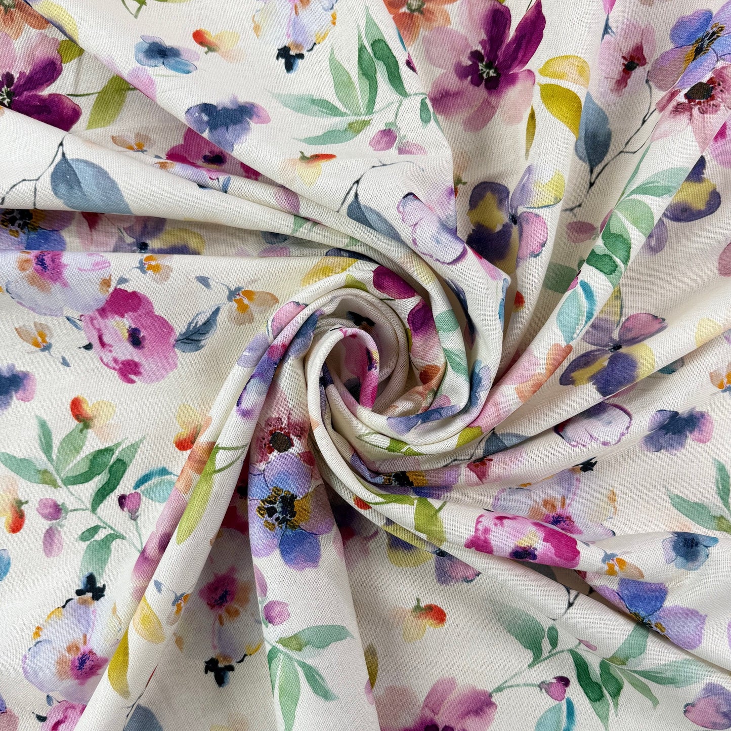 Watercolour Florals - Purple, Blue & Ivory -  Linen Blend Slub