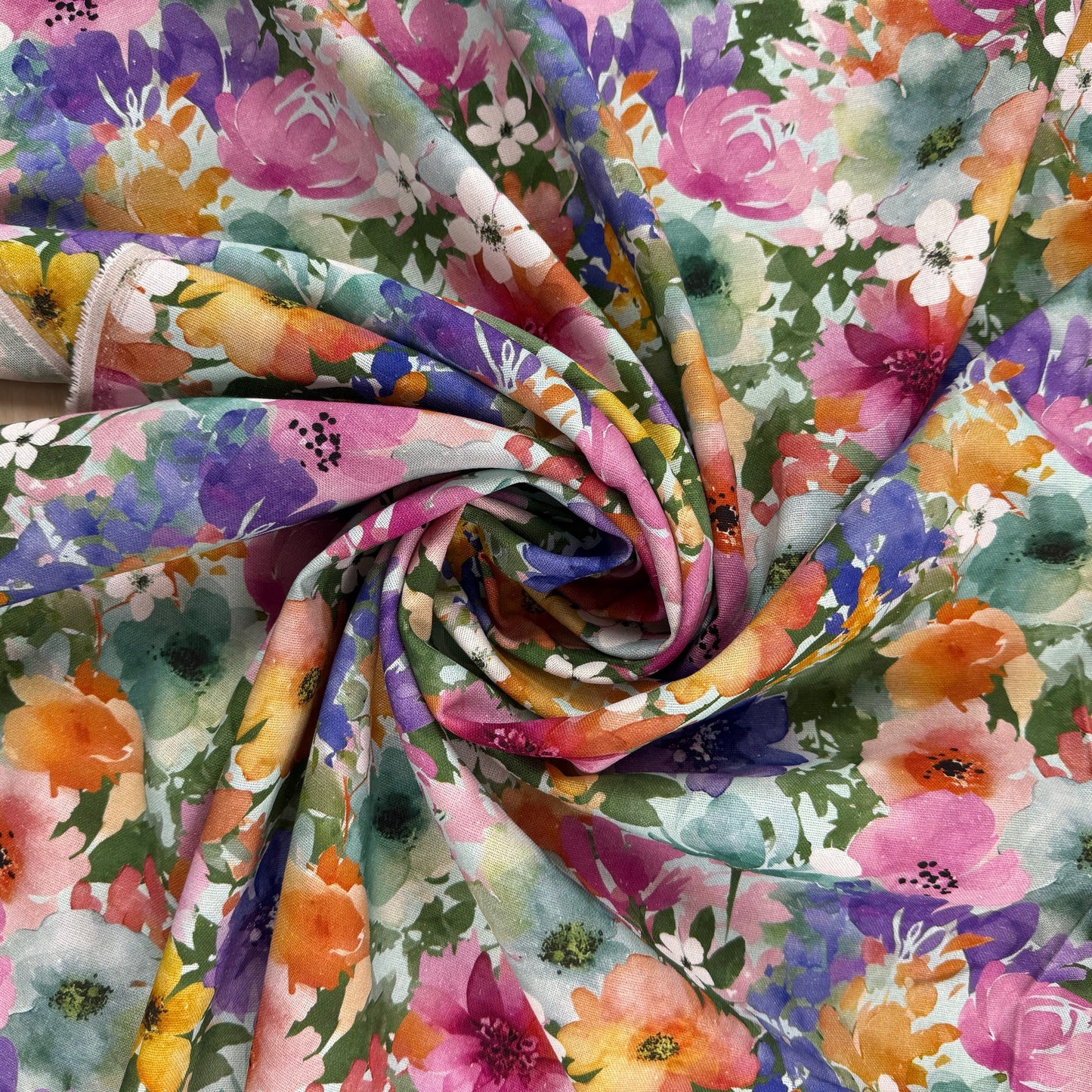 Watercolour Florals - Green, Pink & Orange -  Linen Blend Slub