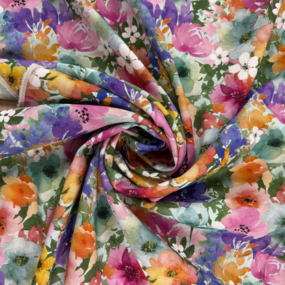 Watercolour Florals - Green, Pink & Orange -  Linen Blend Slub