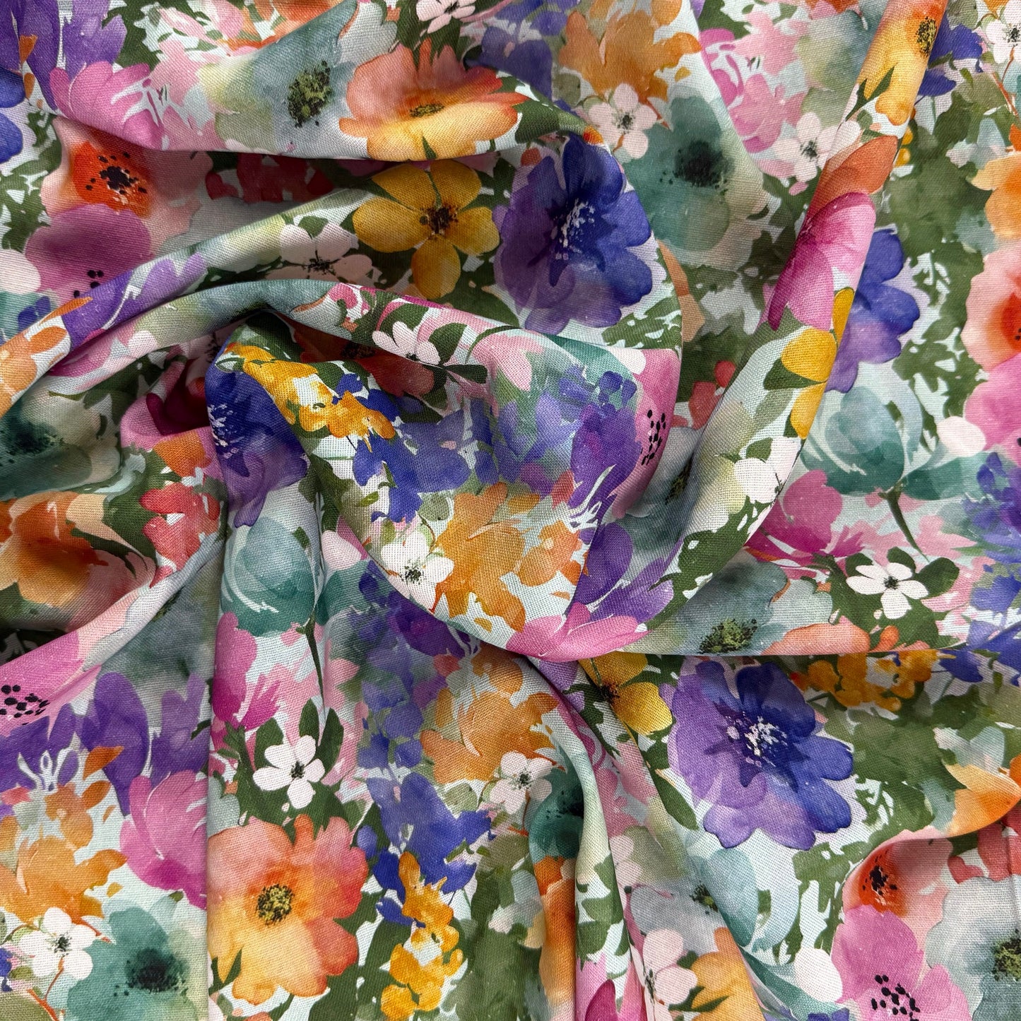 Watercolour Florals - Green, Pink & Orange -  Linen Blend Slub