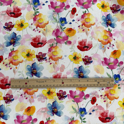 Watercolour Poppies - Yellow, Pink & Ivory -  Linen Blend Slub