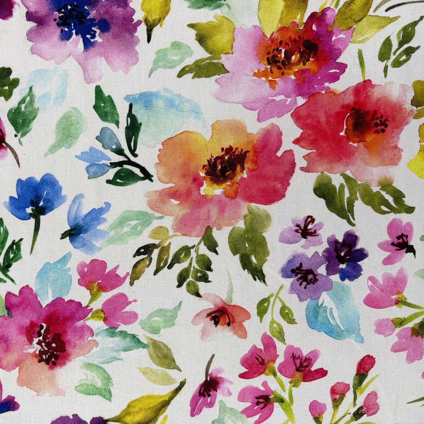 Large Watercolour Florals - Pink, Purple & Ivory -  Linen Blend Slub