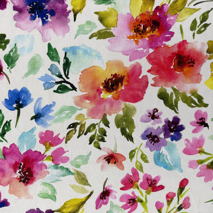 Large Watercolour Florals - Pink, Purple & Ivory -  Linen Blend Slub