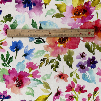 Large Watercolour Florals - Pink, Purple & Ivory -  Linen Blend Slub