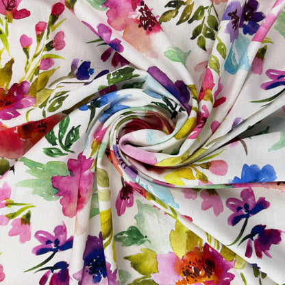 Large Watercolour Florals - Pink, Purple & Ivory -  Linen Blend Slub