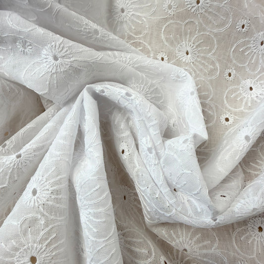 Embroidered Eyelet Cotton Voile - Medium Flowers - Ivory